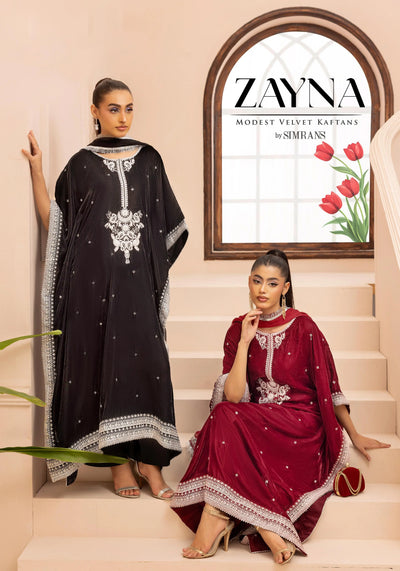 SIMRANS 'Zayna' | Embroidered Modest Velvet Kaftans 3pc Pakistani Readymade Womenswear | SM914 (4 Colours)