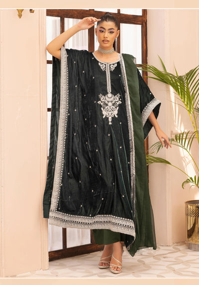 SIMRANS 'Zayna' | Embroidered Modest Velvet Kaftans 3pc Pakistani Readymade Womenswear | SM914 (4 Colours)