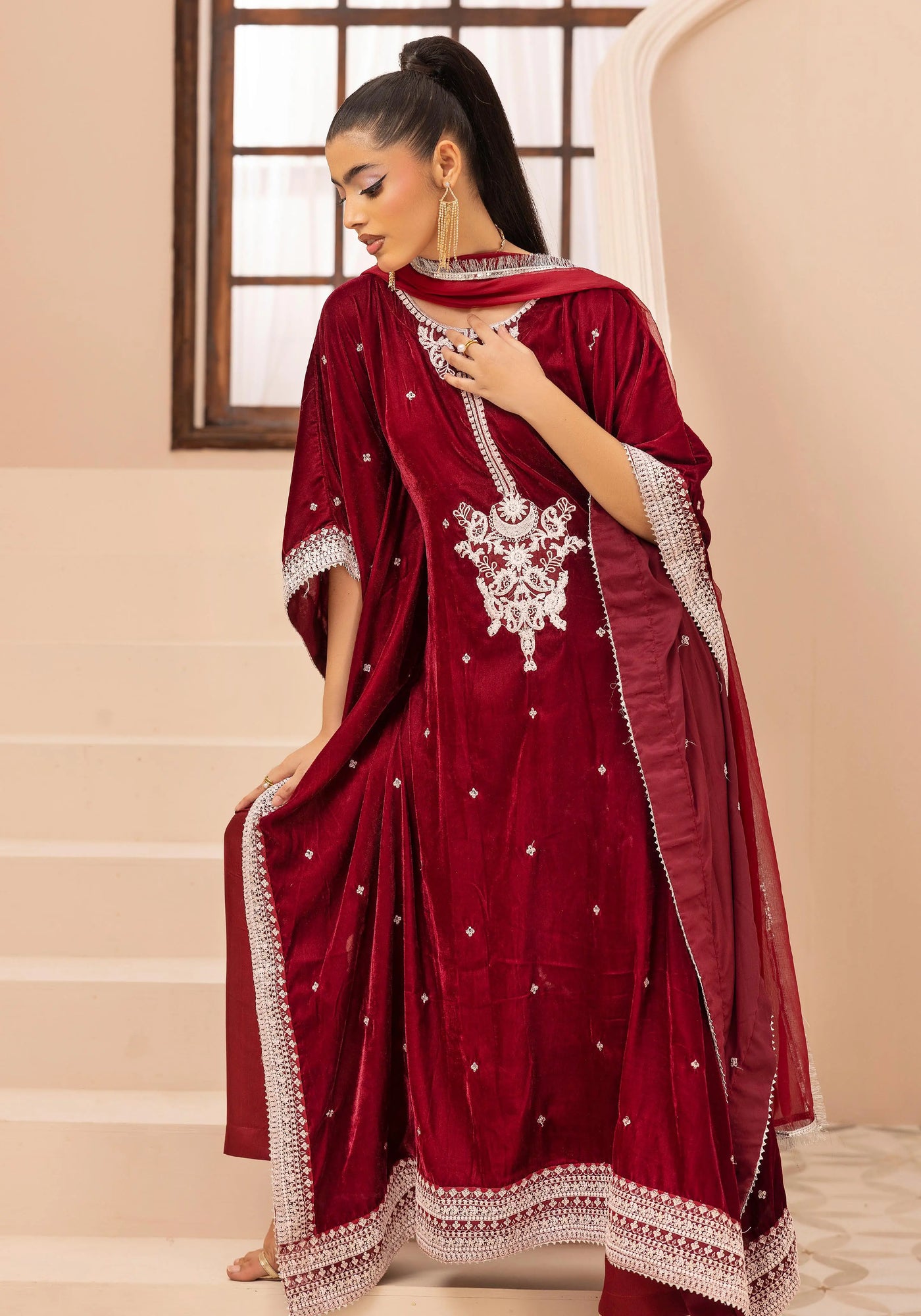 SIMRANS 'Zayna' | Embroidered Modest Velvet Kaftans 3pc Pakistani Readymade Womenswear | SM914 (4 Colours)