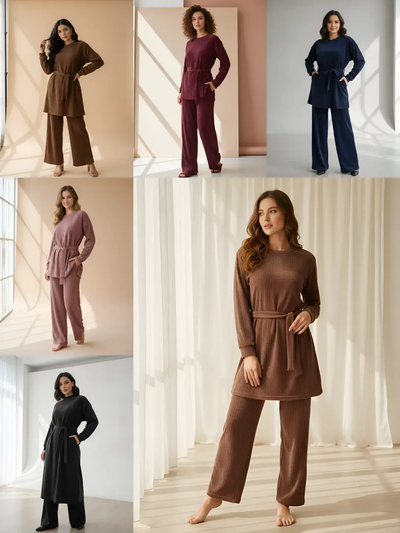 The Knit Studio | Ladies Co Ord Ribbed 2 Piece Top & Bottoms Womenswear | TKS003 (6 Colours)