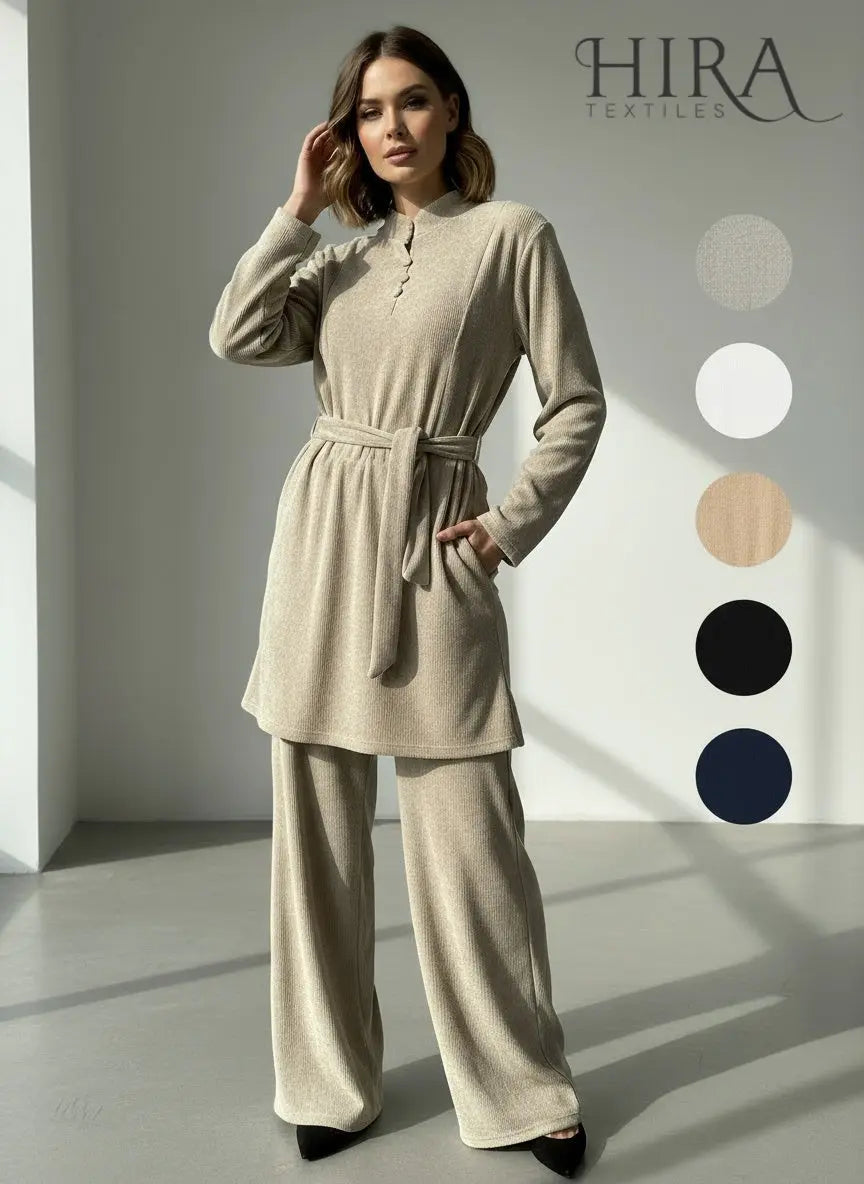 The Knit Studio | Ladies Co Ord Ribbed 2 Piece Top & Bottoms Womenswear | TKS010-Button (5 Colours)