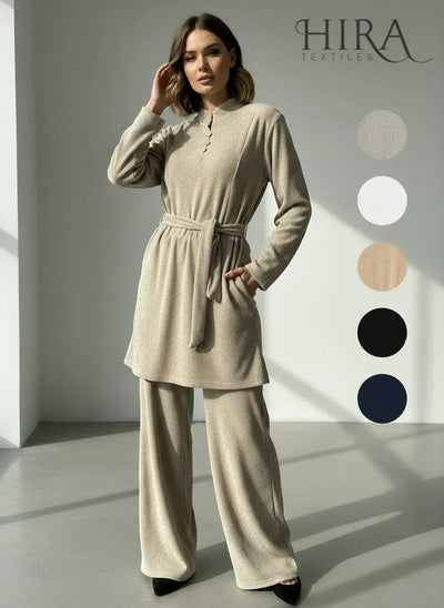 The Knit Studio | Ladies Co Ord Ribbed 2 Piece Top & Bottoms Womenswear | TKS010-Button (5 Colours)