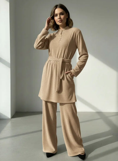 The Knit Studio | Ladies Co Ord Ribbed 2 Piece Top & Bottoms Womenswear | TKS010-Button (5 Colours)