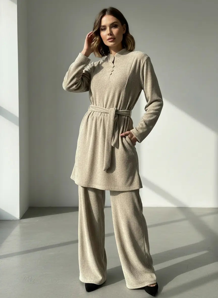 The Knit Studio | Ladies Co Ord Ribbed 2 Piece Top & Bottoms Womenswear | TKS010-Button (5 Colours)