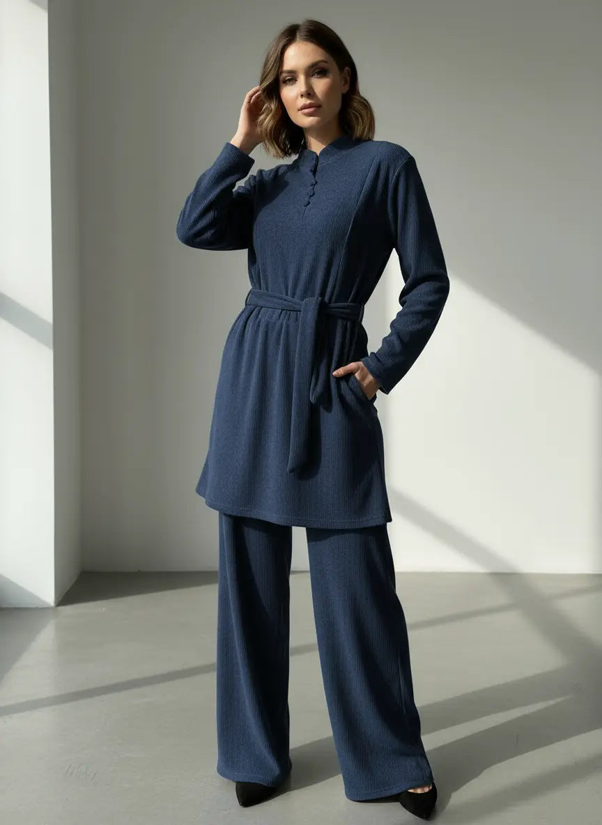 The Knit Studio | Ladies Co Ord Ribbed 2 Piece Top & Bottoms Womenswear | TKS010-Button (5 Colours)