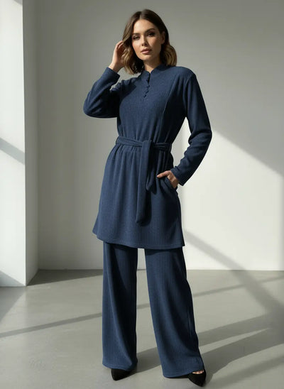 The Knit Studio | Ladies Co Ord Ribbed 2 Piece Top & Bottoms Womenswear | TKS010-Button (5 Colours)