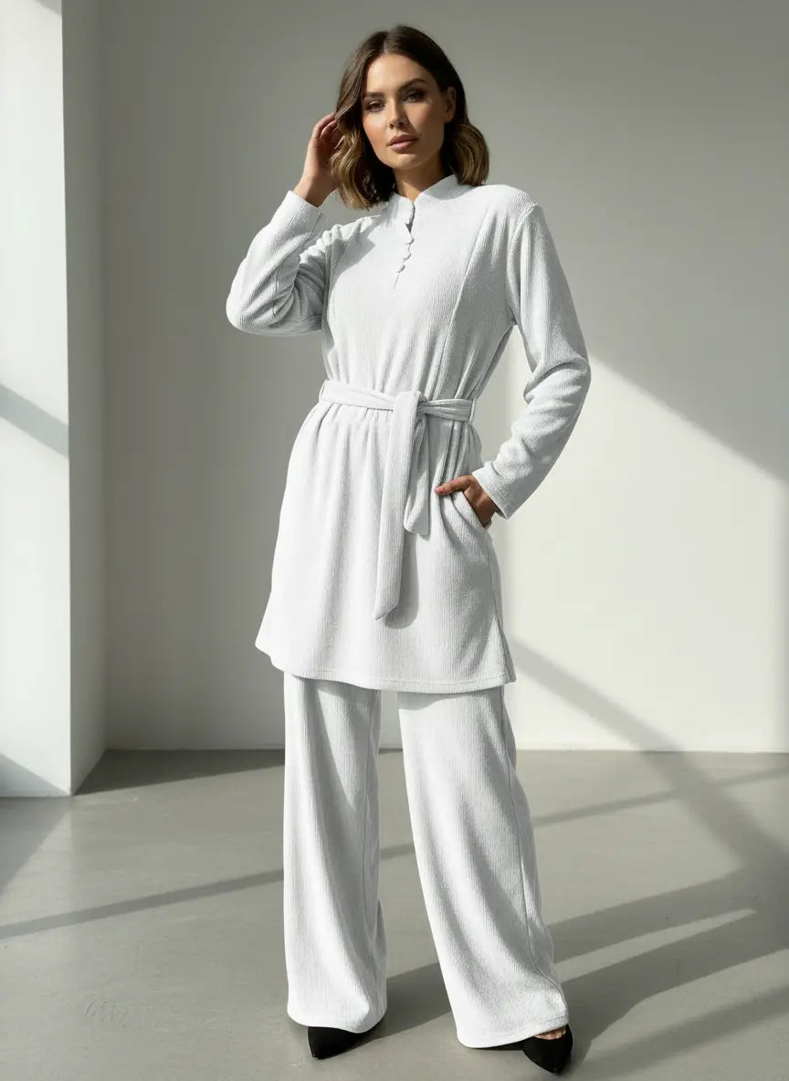 The Knit Studio | Ladies Co Ord Ribbed 2 Piece Top & Bottoms Womenswear | TKS010-Button (5 Colours)