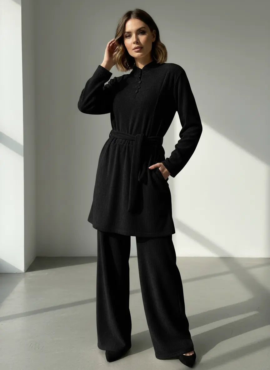 The Knit Studio | Ladies Co Ord Ribbed 2 Piece Top & Bottoms Womenswear | TKS010-Button (5 Colours)