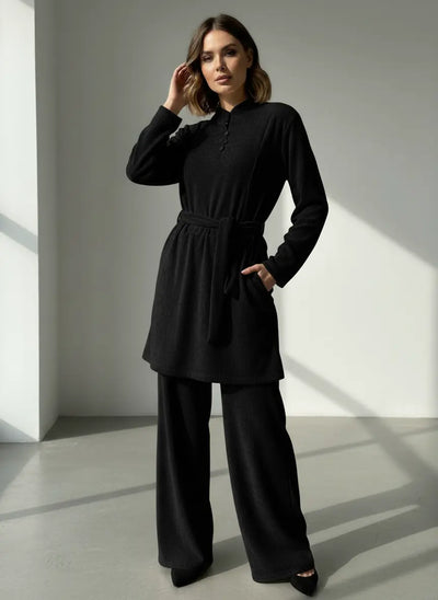 The Knit Studio | Ladies Co Ord Ribbed 2 Piece Top & Bottoms Womenswear | TKS010-Button (5 Colours)