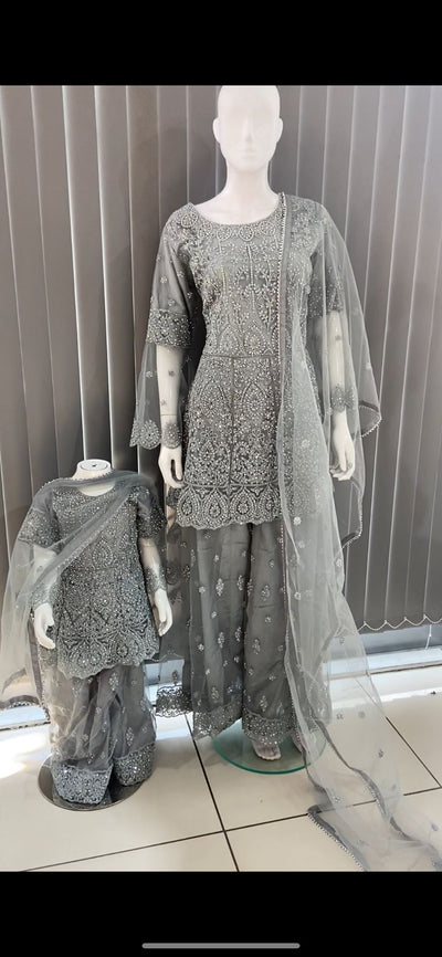 ASHA | Embroidered Hand Work Dress Mother & Daughter Ready To Wear Grey | AS70