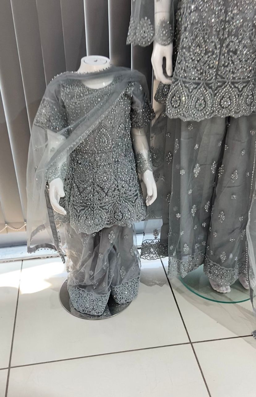 ASHA | Embroidered Hand Work Dress Mother & Daughter Ready To Wear Grey | AS70