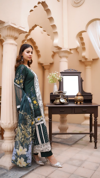 S Creations ‘Daniyah’ | Embroidered Linen Readymade | SC115 (Green)