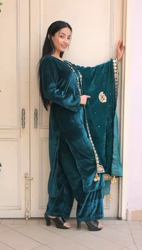 KHADIJAH’S | Embroidered Velvet 3pc Readymade | KJ167 (Teal)