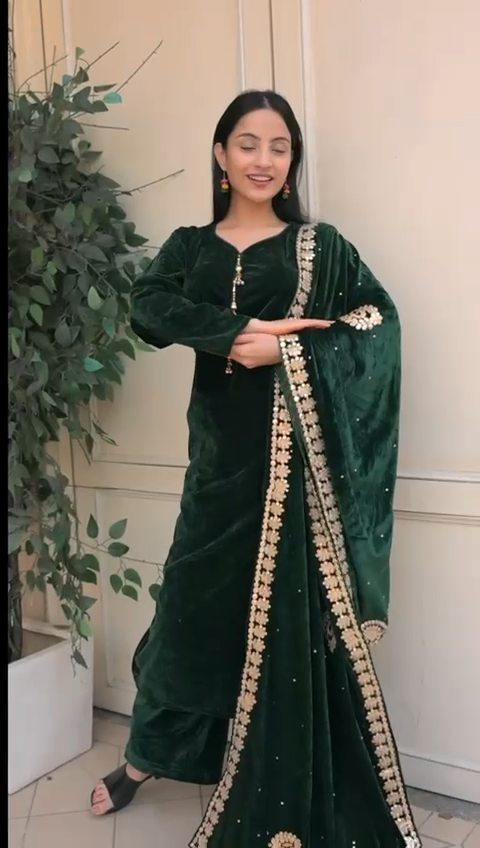 KHADIJAH’S | Embroidered Velvet 3pc Readymade | KJ167 (Green)