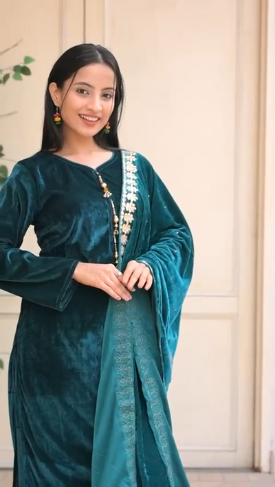 KHADIJAH’S | Embroidered Velvet 3pc Readymade | KJ167 (Teal)