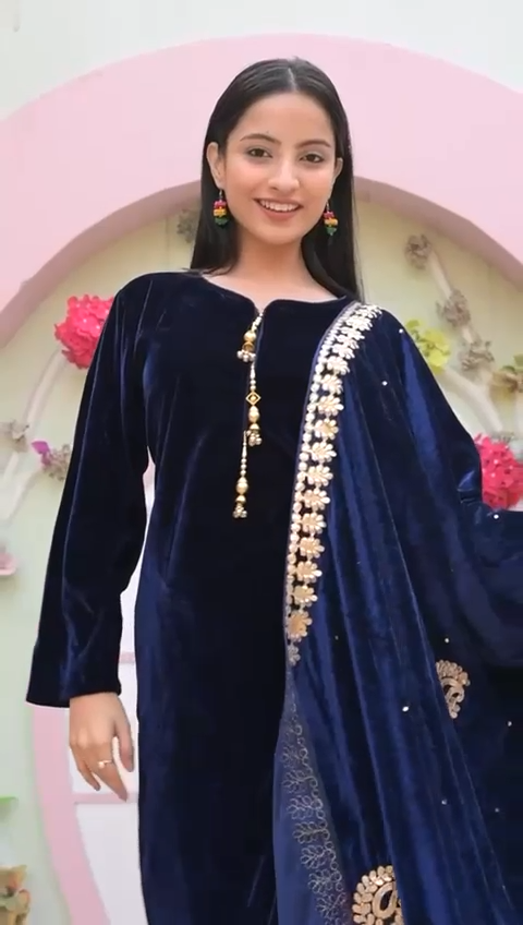 KHADIJAH’S | Embroidered Velvet 3pc Readymade | KJ167 (Navy)