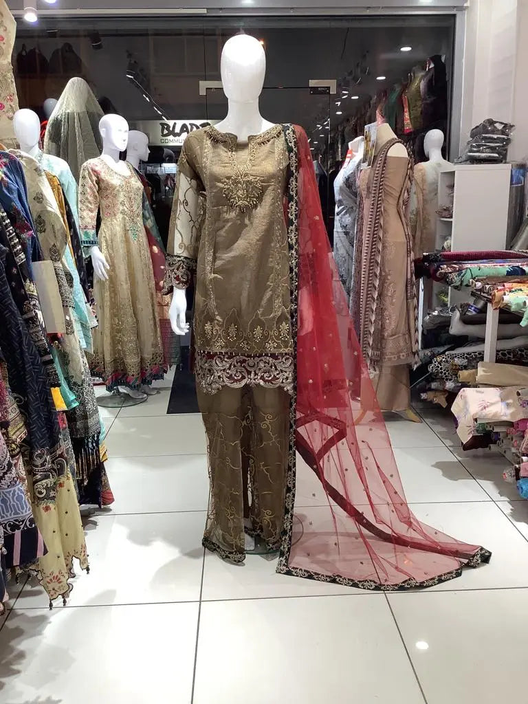 ZARA RUBAB Embroidered Chiffon Gharara Dress Gold - ZR04