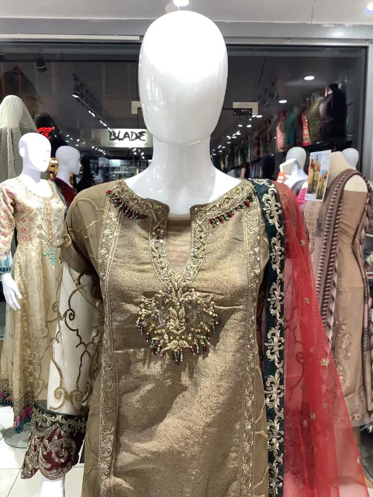 ZARA RUBAB Embroidered Chiffon Gharara Dress Gold - ZR04